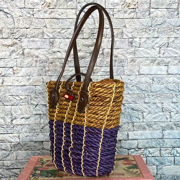 Vintage Straw Tote Bag Dual Handle Fully Lined Inside Pocket Smaller Size - Picture 2 of 7